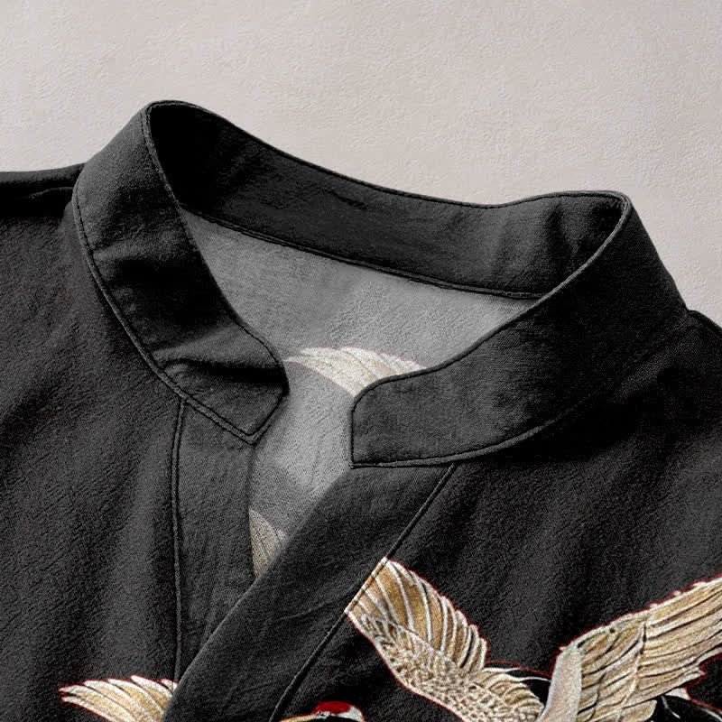 Buddha Stones Cotton Crane Golden Lotus Pattern Men's Short Sleeve Half Button Shirt - image 12