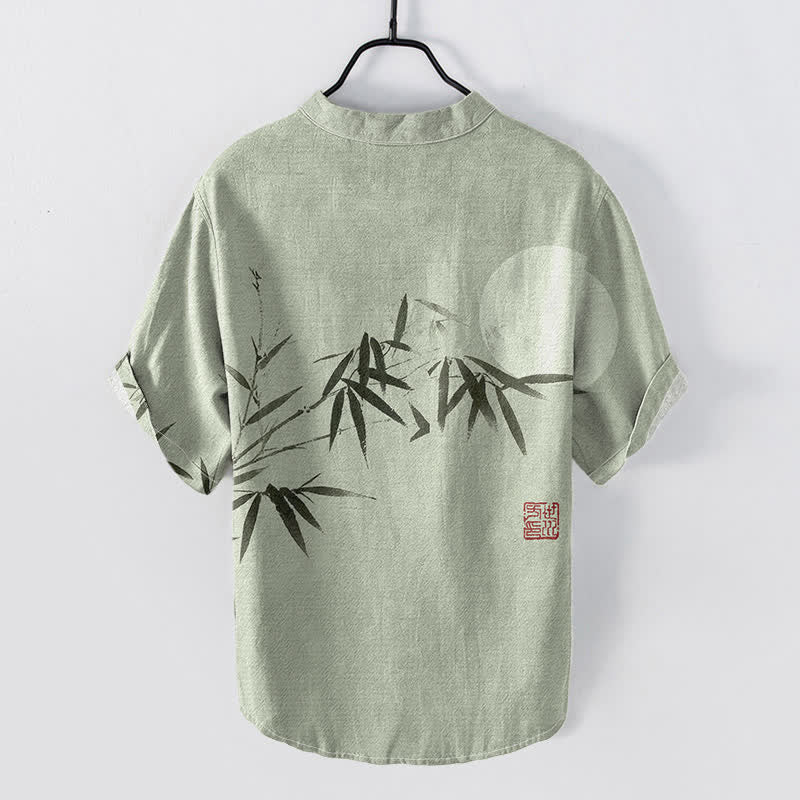 Buddha Stones Cotton Ink Bamboo Moon Pattern Men's Short Sleeve Half Button Shirt - image 1