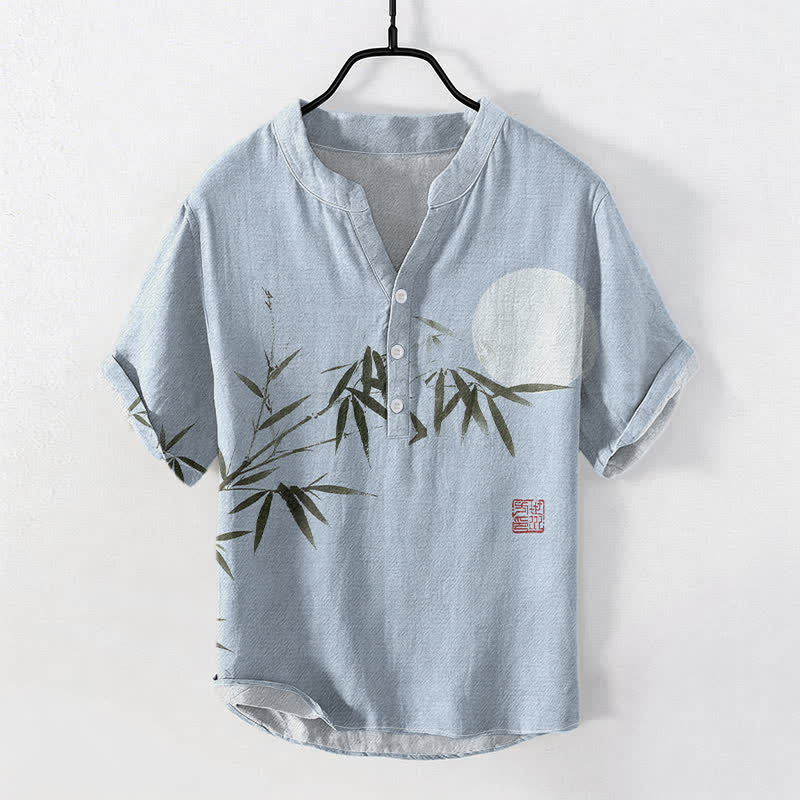 Buddha Stones Cotton Ink Bamboo Moon Pattern Men's Short Sleeve Half Button Shirt - LightBlue - US/UK/AU50，EU60 (5XL) - image 3