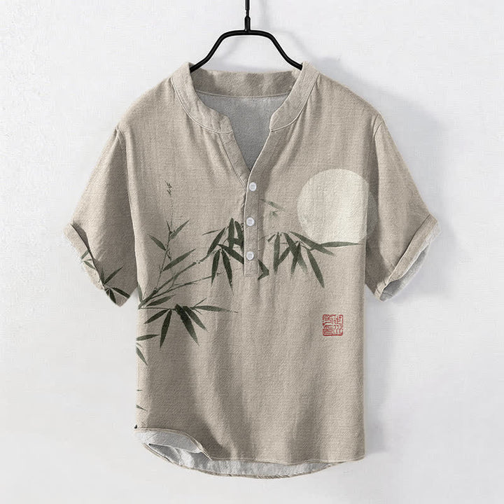 Buddha Stones Cotton Ink Bamboo Moon Pattern Men's Short Sleeve Half Button Shirt - Beige - US/UK/AU50，EU60 (5XL) - image 5