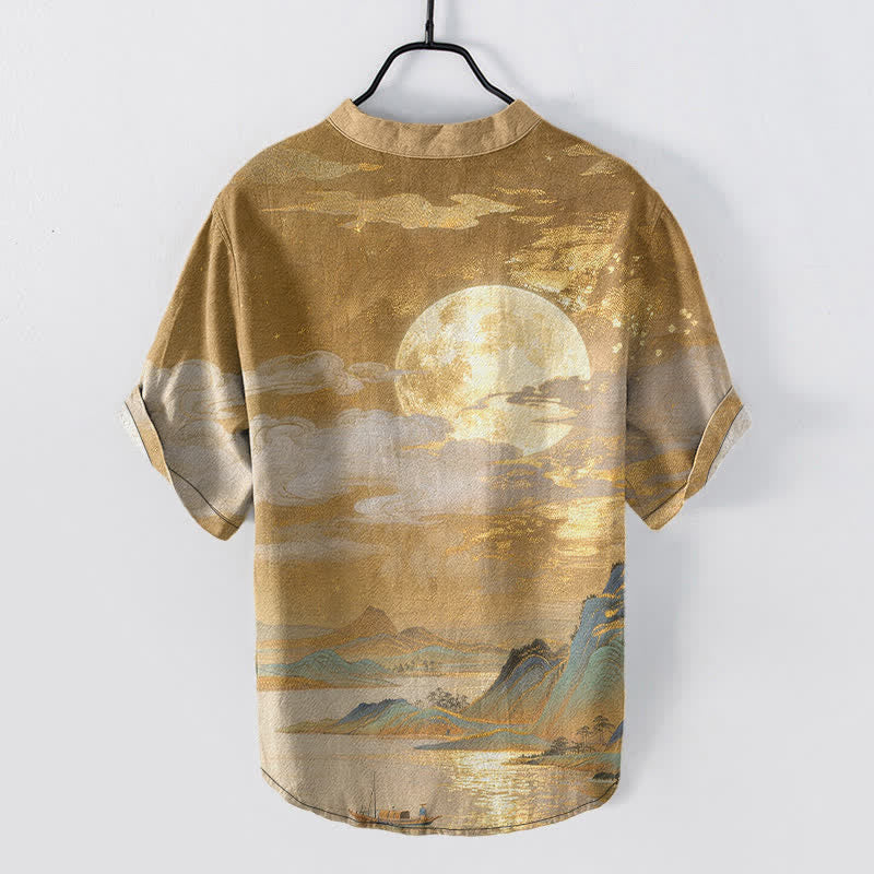 Buddha Stones Cotton Moon Cloud Mountain Pattern Men's Short Sleeve Half Button Shirt - image 1