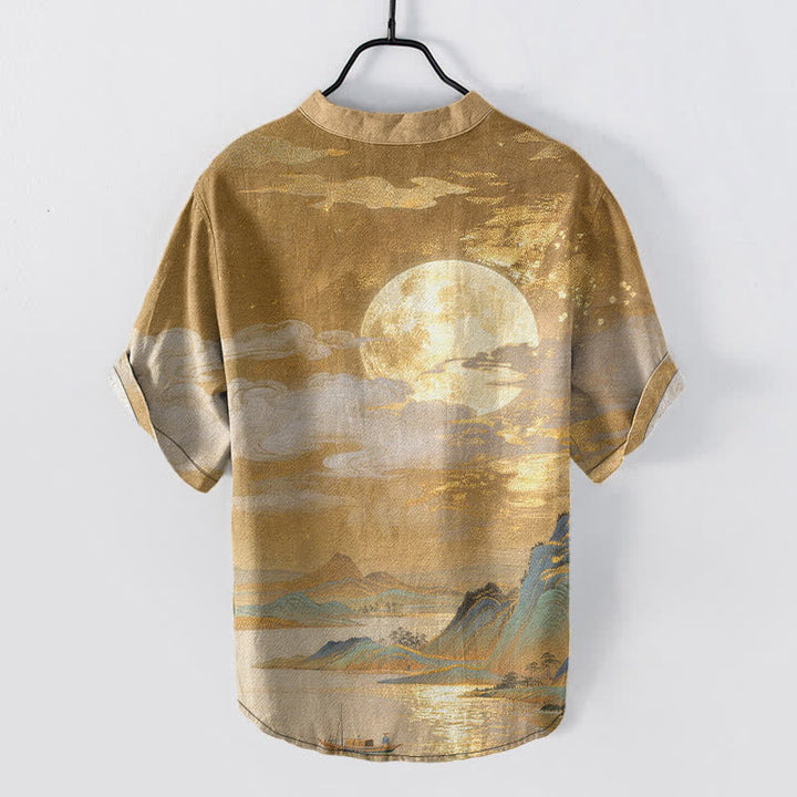 Buddha Stones Cotton Moon Cloud Mountain Pattern Men's Short Sleeve Half Button Shirt - image 1