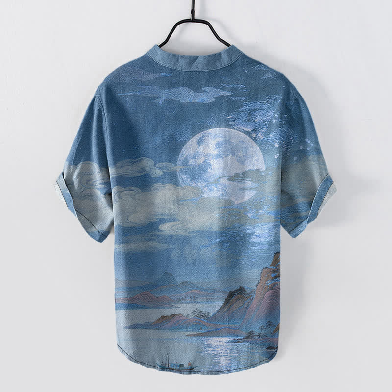 Buddha Stones Cotton Moon Cloud Mountain Pattern Men's Short Sleeve Half Button Shirt - image 6