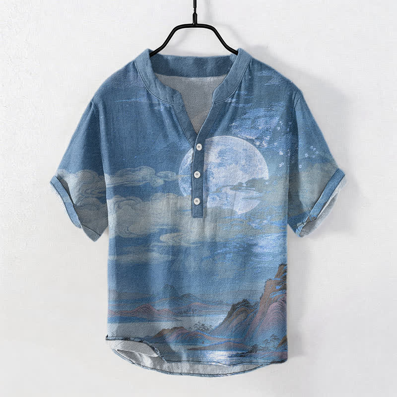 Buddha Stones Cotton Moon Cloud Mountain Pattern Men's Short Sleeve Half Button Shirt - SteelBlue - US/UK/AU50，EU60 (5XL) - image 5