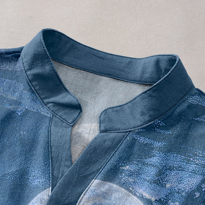 Buddha Stones Cotton Moon Cloud Mountain Pattern Men's Short Sleeve Half Button Shirt - image 7
