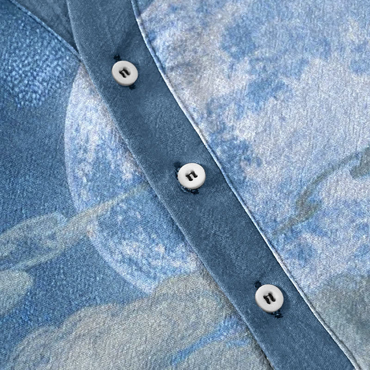 Buddha Stones Cotton Moon Cloud Mountain Pattern Men's Short Sleeve Half Button Shirt - image 8