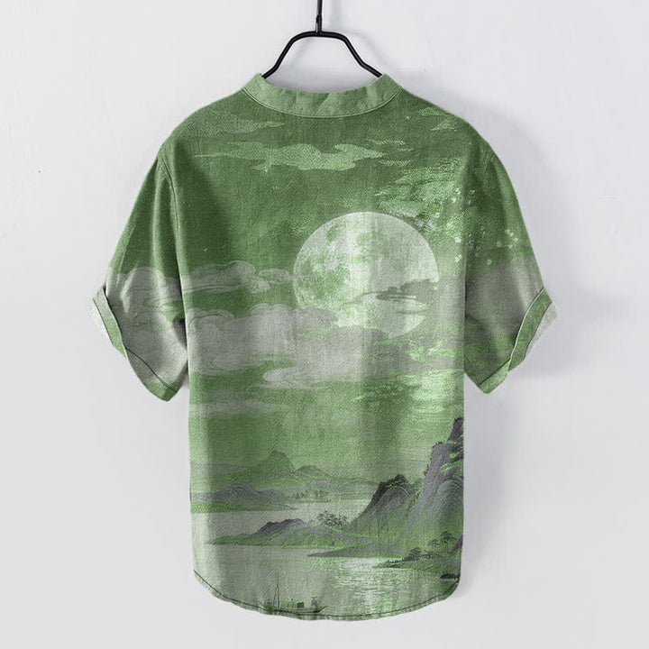 Buddha Stones Cotton Moon Cloud Mountain Pattern Men's Short Sleeve Half Button Shirt - image 11