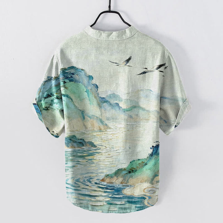 Buddha Stones Cotton Coastal Watercolor Landscape Pattern Men's Short Sleeve Half Button Shirt - image 1