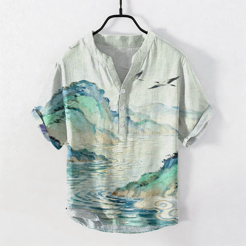 Buddha Stones Cotton Coastal Watercolor Landscape Pattern Men's Short Sleeve Half Button Shirt - MintCream - US/UK/AU50，EU60 (5XL) - image 0