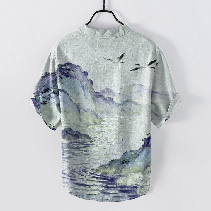 Buddha Stones Cotton Coastal Watercolor Landscape Pattern Men's Short Sleeve Half Button Shirt - image 4