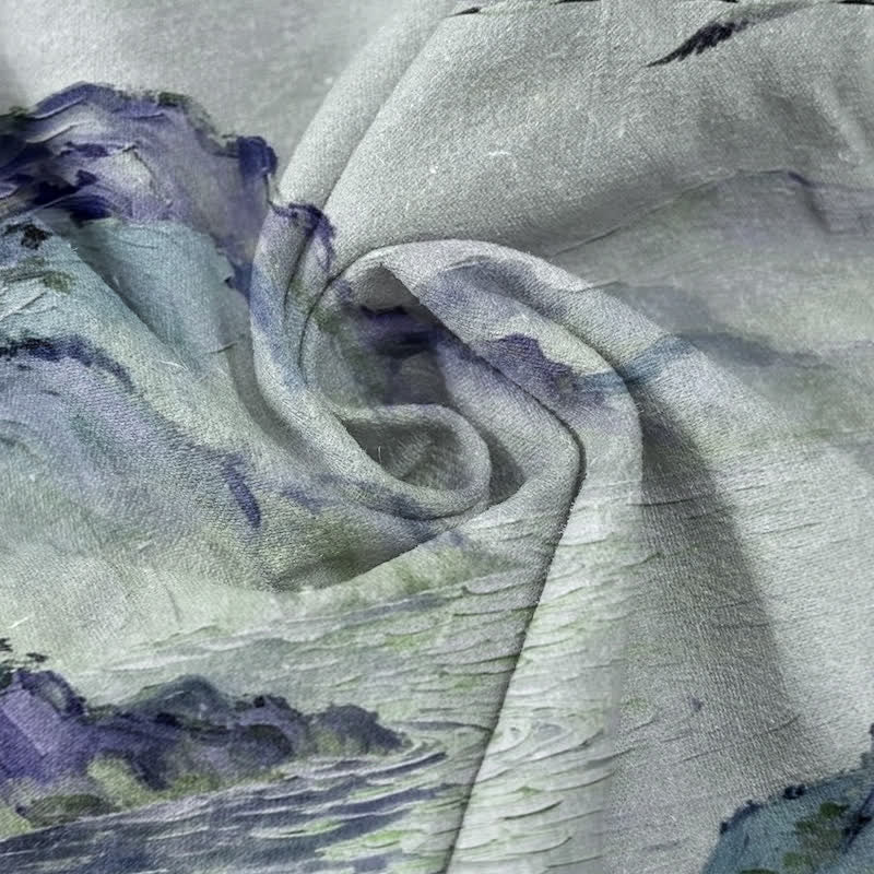 Buddha Stones Cotton Coastal Watercolor Landscape Pattern Men's Short Sleeve Half Button Shirt - image 5