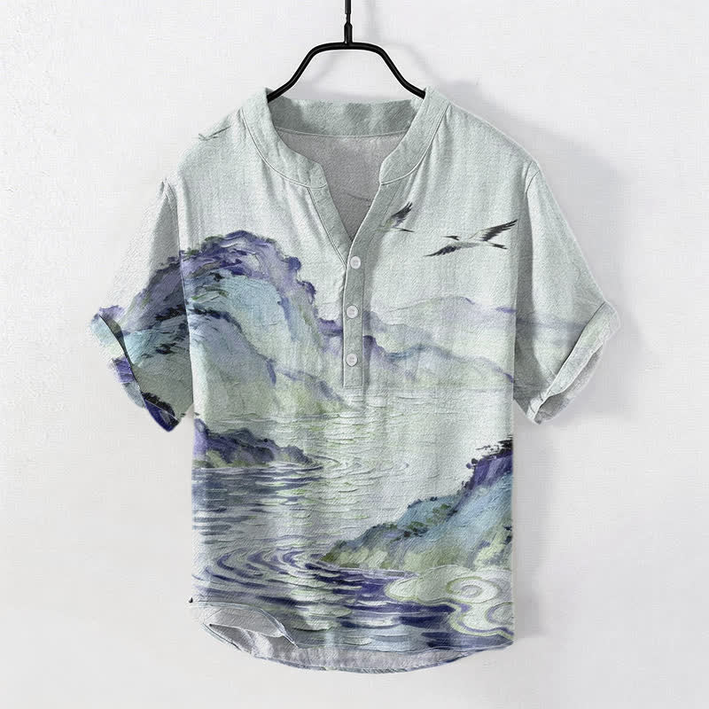 Buddha Stones Cotton Coastal Watercolor Landscape Pattern Men's Short Sleeve Half Button Shirt - Honeydew - US/UK/AU50，EU60 (5XL) - image 3