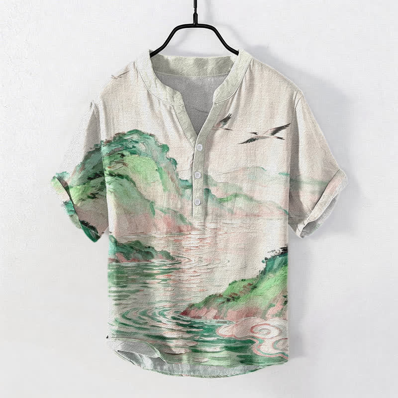 Buddha Stones Cotton Coastal Watercolor Landscape Pattern Men's Short Sleeve Half Button Shirt - Linen - US/UK/AU50，EU60 (5XL) - image 6
