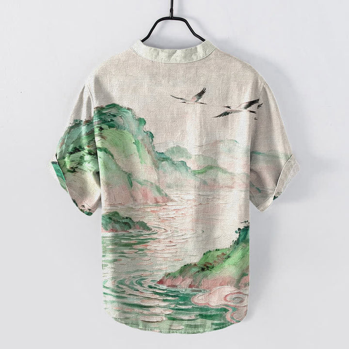 Buddha Stones Cotton Coastal Watercolor Landscape Pattern Men's Short Sleeve Half Button Shirt - image 7