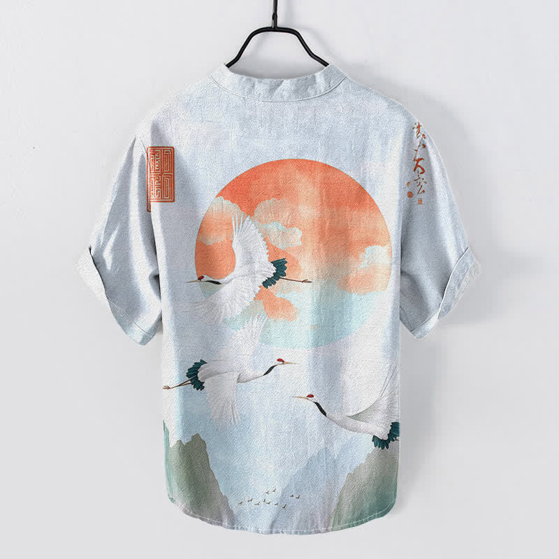 Buddha Stones Cotton Red Sun Flying Crane Pattern Men's Short Sleeve Half Button Shirt - image 4