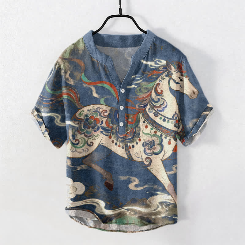 Buddha Stones Cotton Ornamental Running Horse Pattern Men's Short Sleeve Half Button Shirt - SteelBlue - US/UK/AU50，EU60 (5XL) - image 0