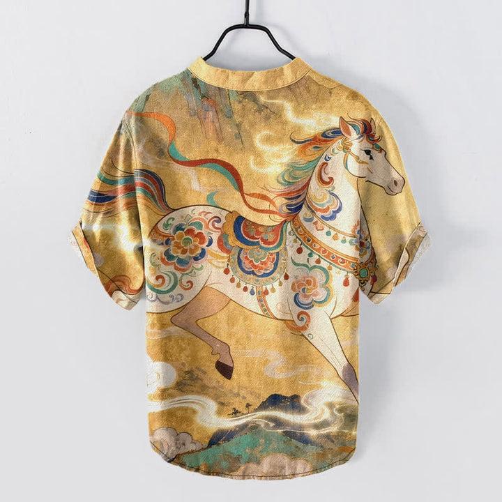 Buddha Stones Cotton Ornamental Running Horse Pattern Men's Short Sleeve Half Button Shirt - image 6