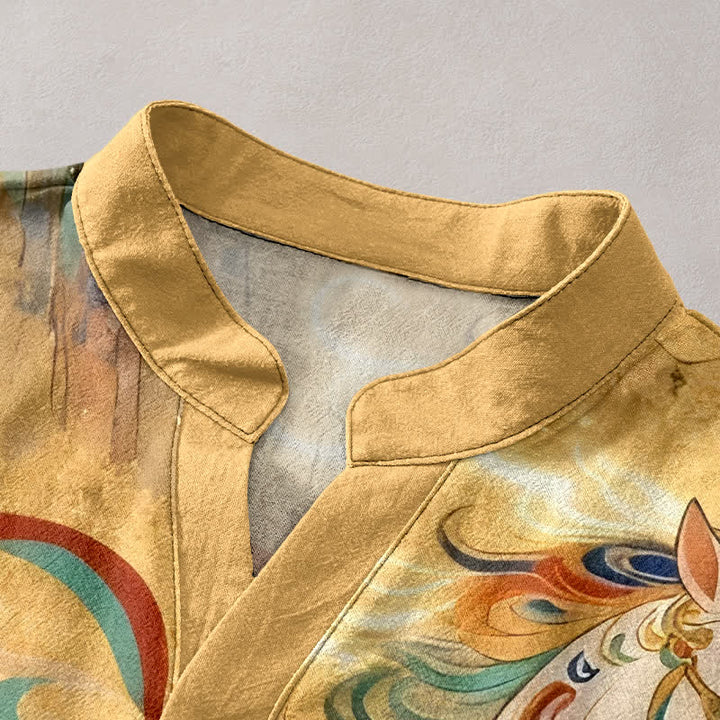 Buddha Stones Cotton Ornamental Running Horse Pattern Men's Short Sleeve Half Button Shirt - image 7