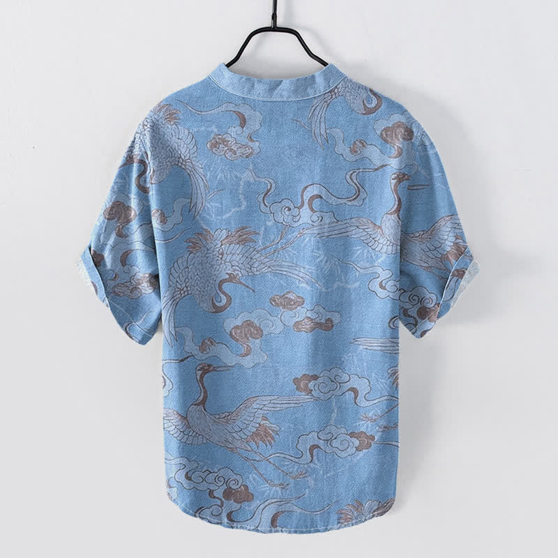 Buddha Stones Cotton Crane Clouds Pattern Men's Short Sleeve Half Button Shirt - image 1