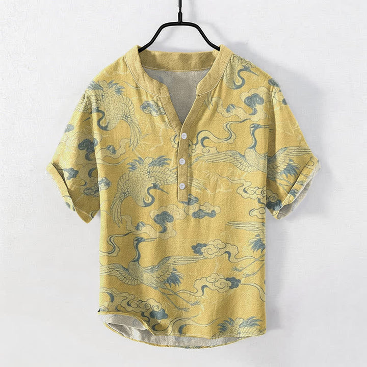 Buddha Stones Cotton Crane Clouds Pattern Men's Short Sleeve Half Button Shirt - Khaki - US/UK/AU50，EU60 (5XL) - image 3