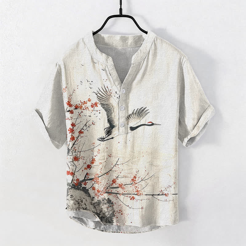 Buddha Stones Cotton Crane Plum Blossom Pattern Men's Short Sleeve Half Button Shirt - Linen - US/UK/AU50，EU60 (5XL) - image 0