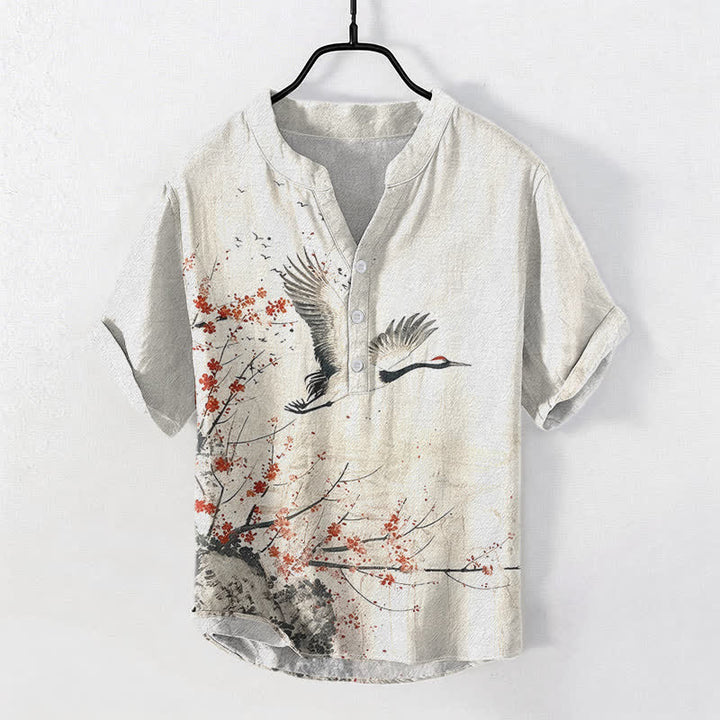 Buddha Stones Cotton Crane Plum Blossom Pattern Men's Short Sleeve Half Button Shirt - Linen - US/UK/AU50，EU60 (5XL) - image 0