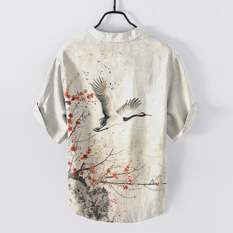 Buddha Stones Cotton Crane Plum Blossom Pattern Men's Short Sleeve Half Button Shirt - image 1
