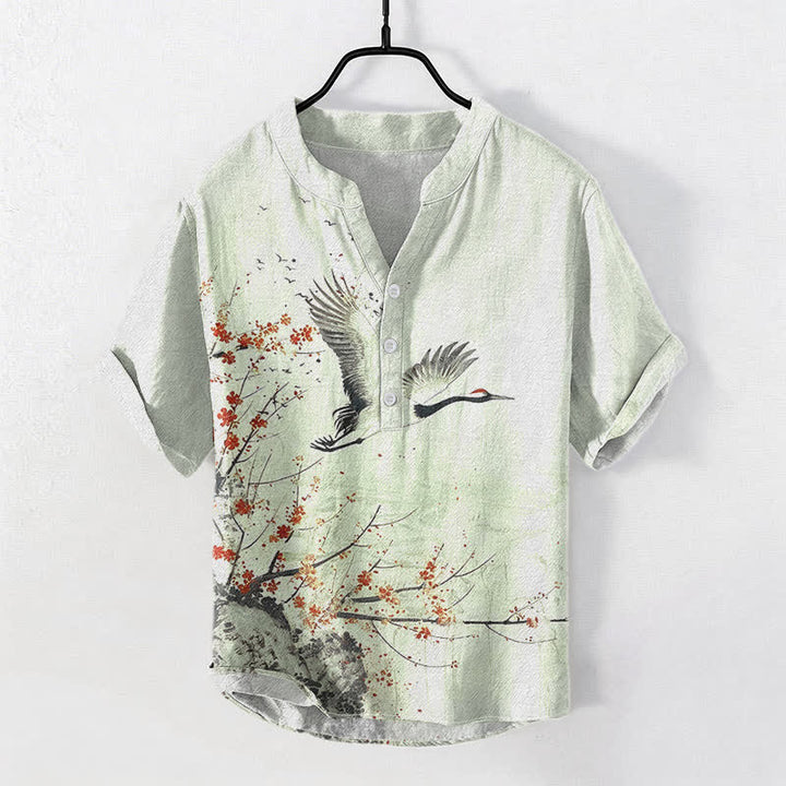 Buddha Stones Cotton Crane Plum Blossom Pattern Men's Short Sleeve Half Button Shirt - MintCream - US/UK/AU50，EU60 (5XL) - image 3