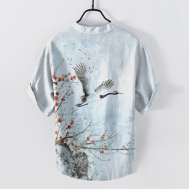 Buddha Stones Cotton Crane Plum Blossom Pattern Men's Short Sleeve Half Button Shirt - image 7