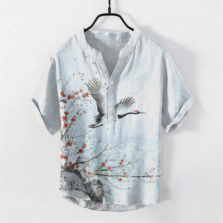 Buddha Stones Cotton Crane Plum Blossom Pattern Men's Short Sleeve Half Button Shirt - LightBlue - US/UK/AU50，EU60 (5XL) - image 6