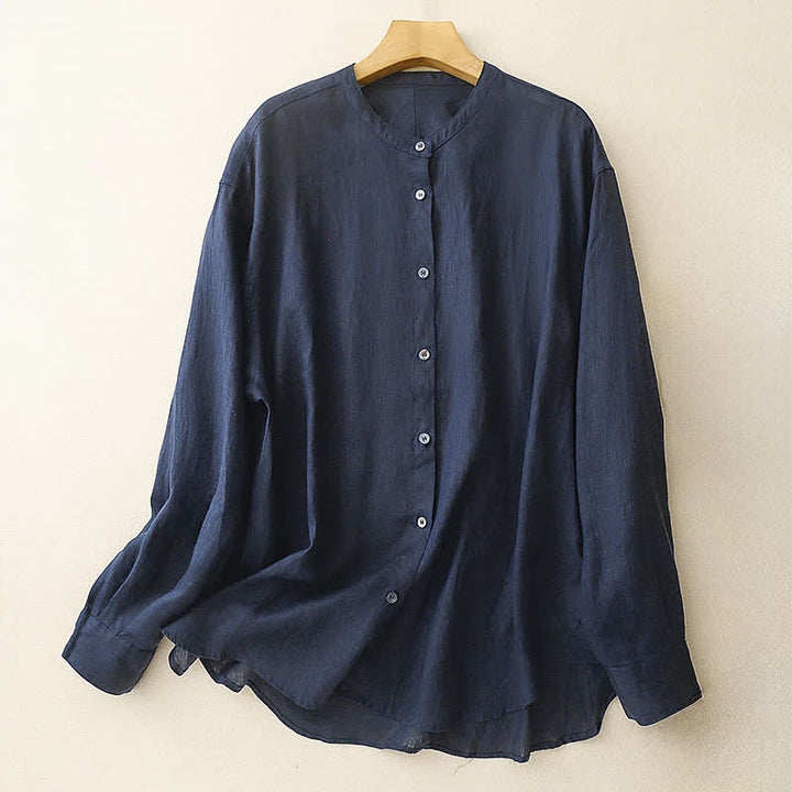 Buddha Stones Summer Tang Style Minimalist Mandarin Collar Solid Women's Long Sleeve Shirts - MidnightBlue - US8-10, UK/AU12-14, EU40-42 (2XL) - image 0