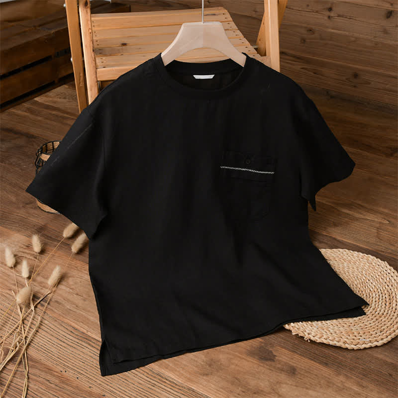Buddha Stones Summer Casual Minimalist Solid Men's Short Sleeve T-Shirts With Patch Pocket - image 6