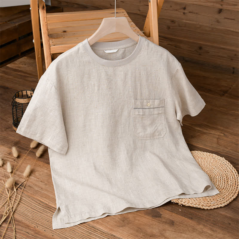 Buddha Stones Summer Casual Minimalist Solid Men's Short Sleeve T-Shirts With Patch Pocket - Linen - US/UK/AU42，EU52 (3XL) - image 0