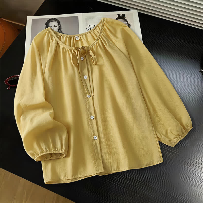 Buddha Stones Spring Summer Casual Boho Crew Neck Drawstring Button-Up Solid Women's Long Sleeve Shirts - DarkKhaki - US8-10, UK/AU12-14, EU40-42 (2XL) - image 0