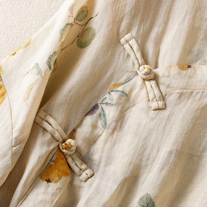 Buddha Stones Summer Tang Style Vintage Mandarin Collar Loquat Chinese Bayberry Floral Women's Short Sleeve Shirts - image 7