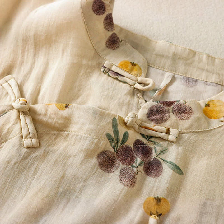 Buddha Stones Summer Tang Style Vintage Mandarin Collar Loquat Chinese Bayberry Floral Women's Short Sleeve Shirts - image 6