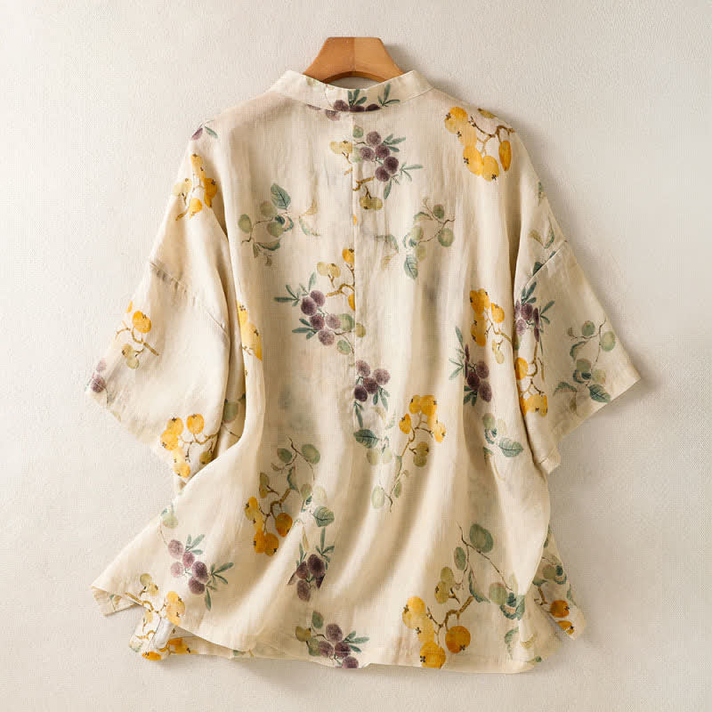 Buddha Stones Summer Tang Style Vintage Mandarin Collar Loquat Chinese Bayberry Floral Women's Short Sleeve Shirts - image 1