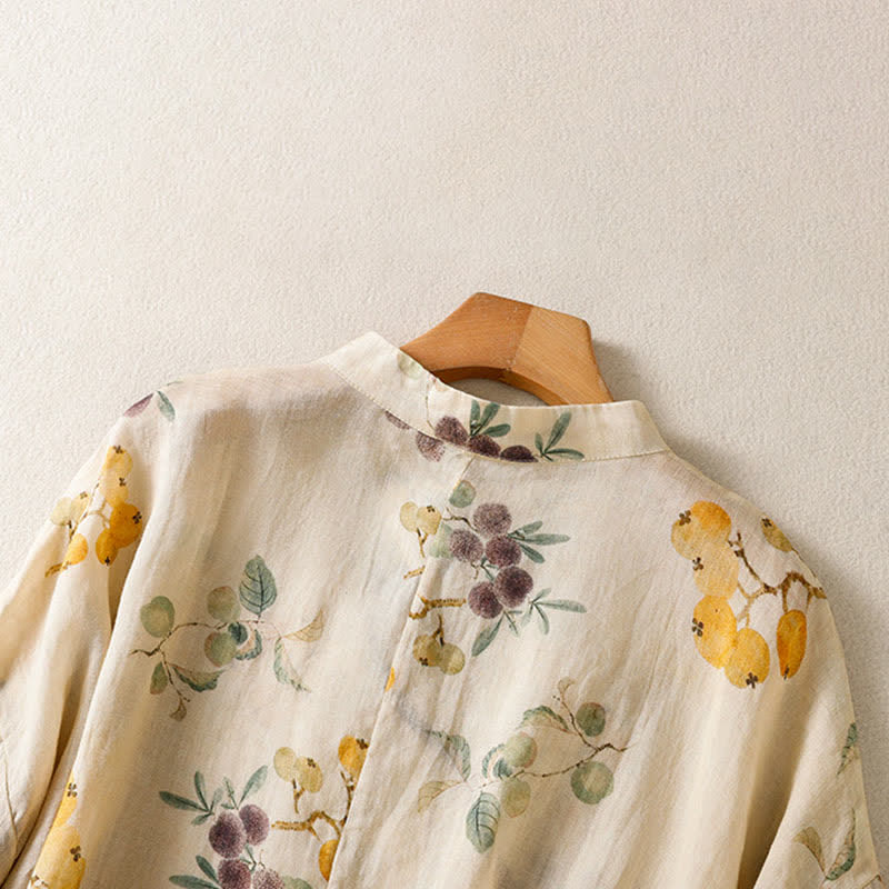 Buddha Stones Summer Tang Style Vintage Mandarin Collar Loquat Chinese Bayberry Floral Women's Short Sleeve Shirts - image 4