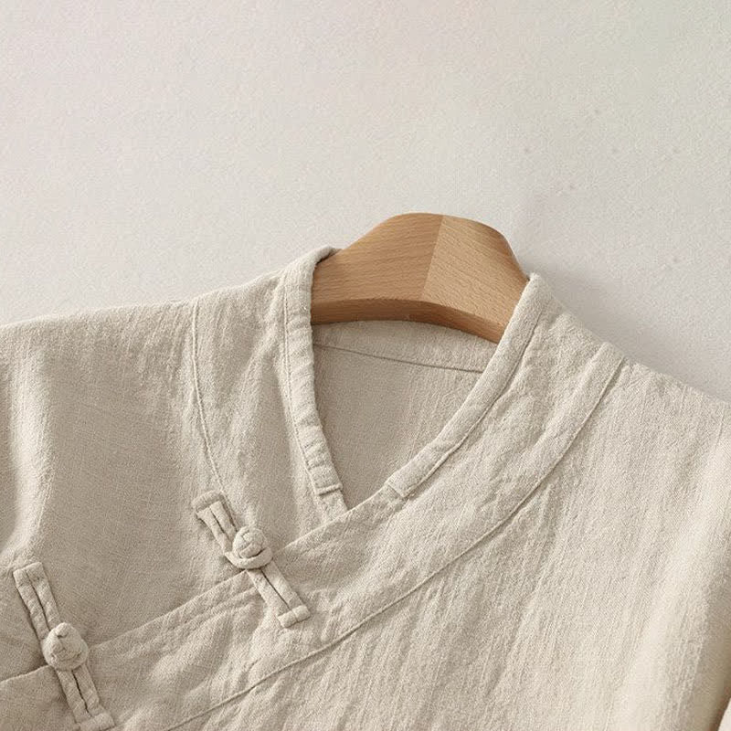 Buddha Stones Spring Summer Tang Style Minimalist V-Neck Frog Button Solid Women's Long Sleeve Shirts - image 1