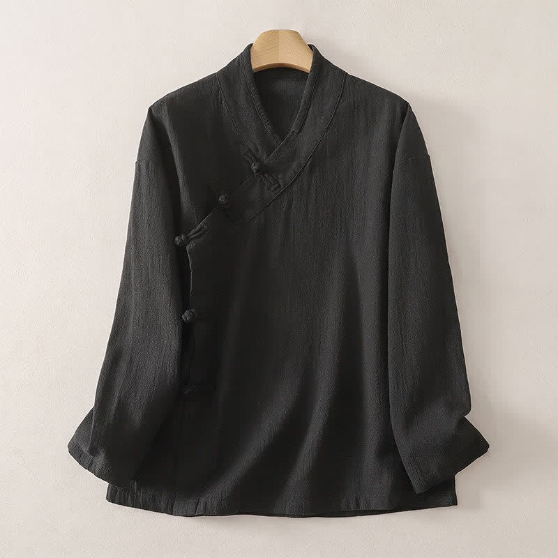 Buddha Stones Spring Summer Tang Style Minimalist V-Neck Frog Button Solid Women's Long Sleeve Shirts - Black - US12, UK/AU16, EU44 (3XL) - image 5