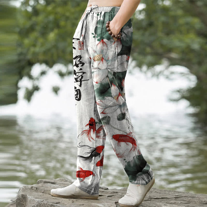 Buddha Stones Cotton Lotus Koi Fish Ink Wash Pattern Men's Tapered Pants With Pockets - image 1