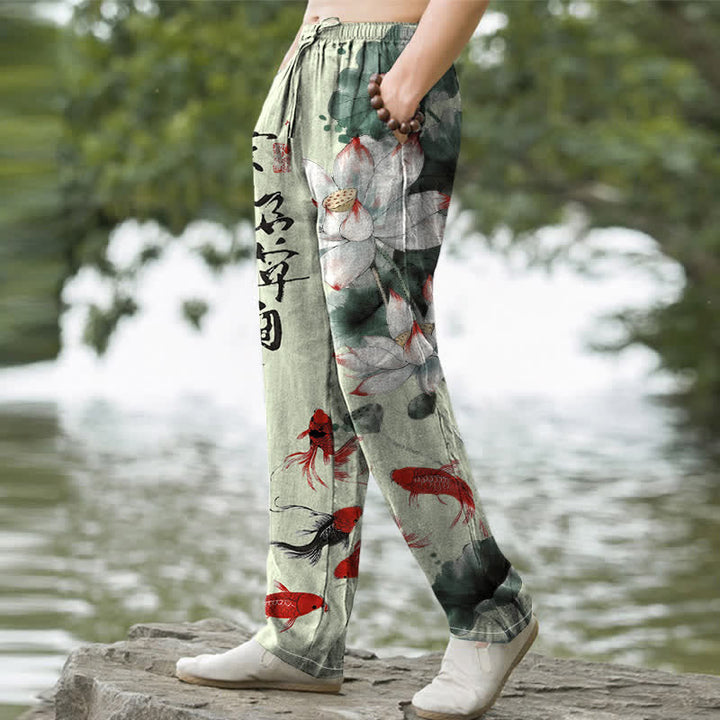 Buddha Stones Cotton Lotus Koi Fish Ink Wash Pattern Men's Tapered Pants With Pockets - image 7