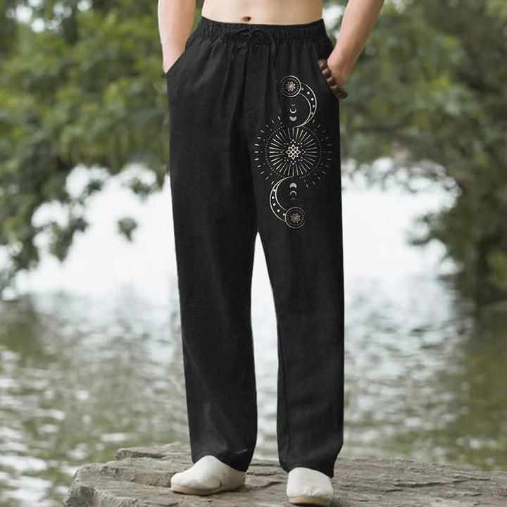 Buddha Stones Cotton Moon Phase Mandala Pattern Men's Tapered Pants With Pockets - Black - US/UK/AU50，EU60 (5XL) - image 0