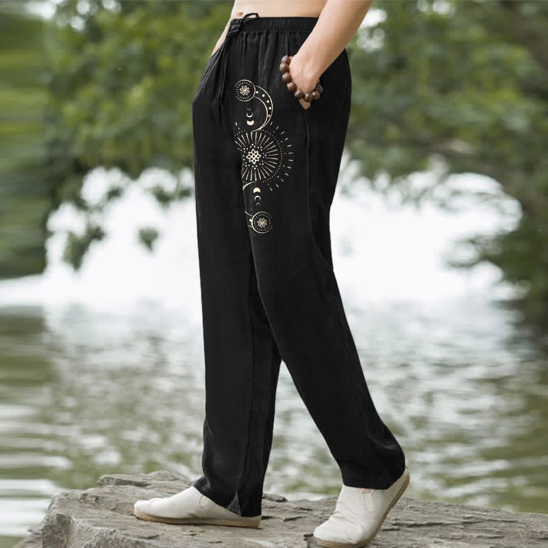 Buddha Stones Cotton Moon Phase Mandala Pattern Men's Tapered Pants With Pockets - image 1