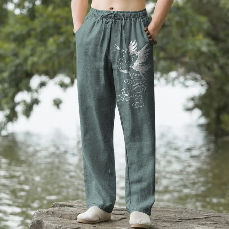 Buddha Stones Cotton White Crane Wave Pattern Men's Tapered Pants With Pockets - CadetBlue - US/UK/AU50，EU60 (5XL) - image 0