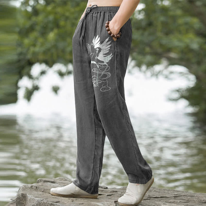 Buddha Stones Cotton White Crane Wave Pattern Men's Tapered Pants With Pockets - image 7