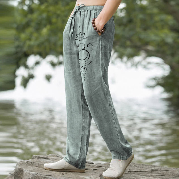 Buddha Stones Cotton Zen Lotus Om Pattern Men's Tapered Pants With Pockets - image 1