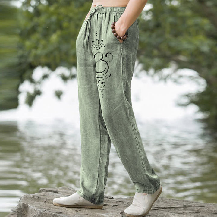 Buddha Stones Cotton Zen Lotus Om Pattern Men's Tapered Pants With Pockets - image 5