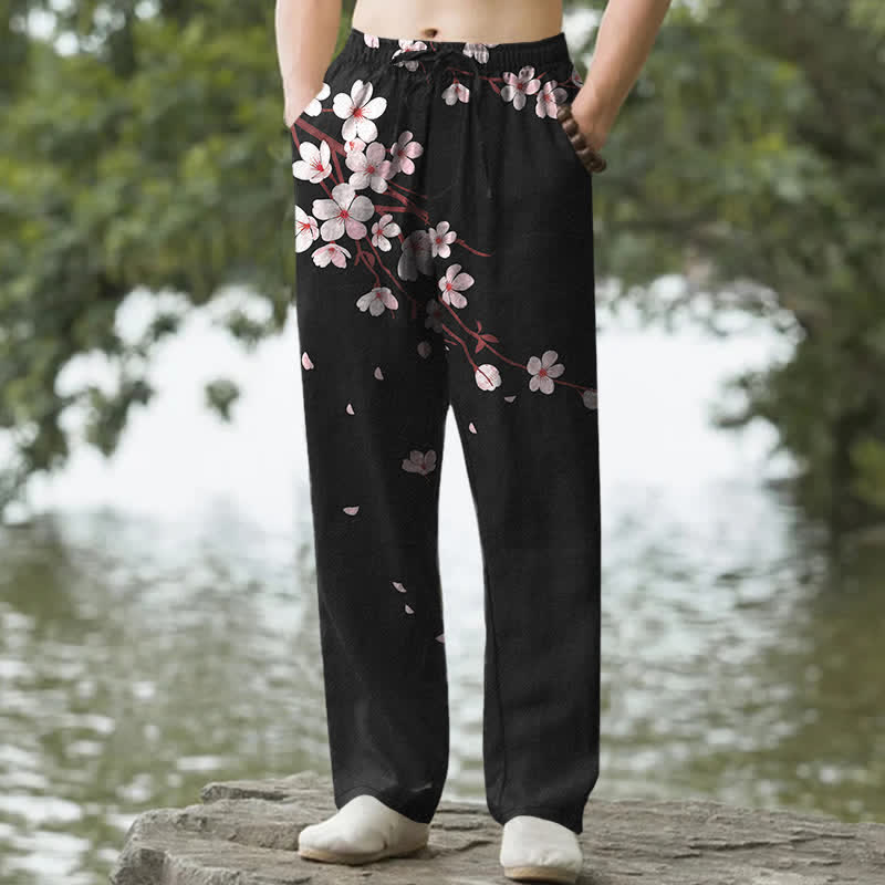 Buddha Stones Cotton Pink Sakura Blossom Pattern Men's Tapered Pants With Pockets - Black - US/UK/AU50，EU60 (5XL) - image 0