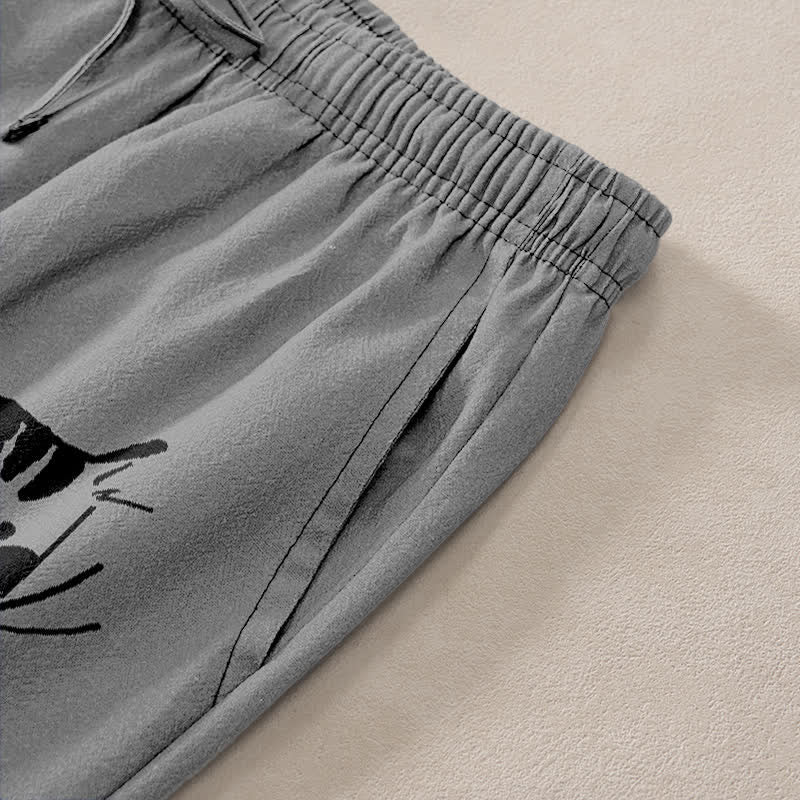 Buddha Stones Cotton Black Cat Sketch Pattern Men's Tapered Pants With Pockets - image 2